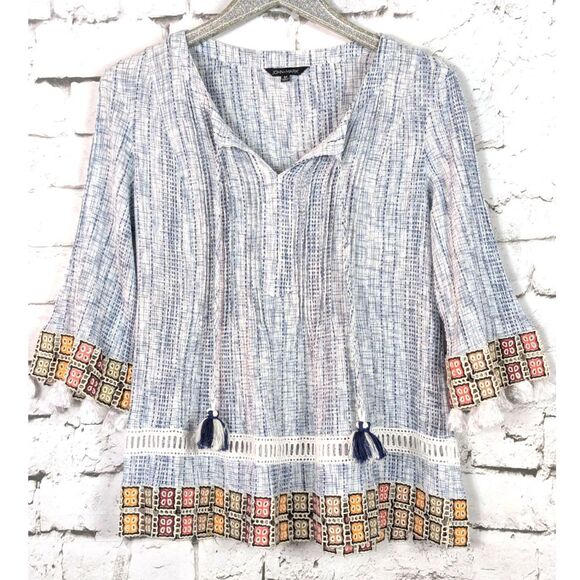 JOHN MARK Embroidered Tasseled "Granny Square" Tunic Boho Cottage Artsy Medium - Picture 1 of 9